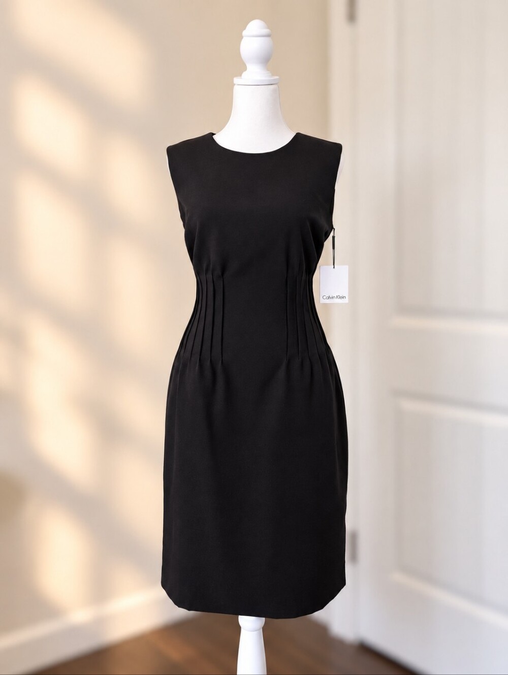 Calvin Klein Black Sleeveless Pleated Waist Midi Dress